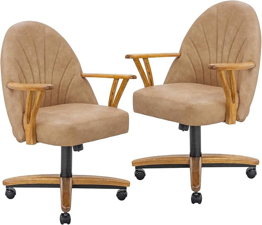 Chromcraft Set of 2 Caster Swivel Tilt Dining Chairs, PU Leather Chairs with Soft Wheels, Ultra Comfy Sturdy Kitchen Room Chairs, Rolling Chair on Wheels for Home (Ivanhoe NPL Nude)