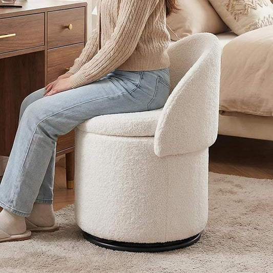 LukeAlon Sherpa Makeup Ottoman with Storage, Upholstered 360° Swivel Vanity Stool with Foldable Backrest Modern Cylindrical Footrest Stool for Living Room Bedroom, White