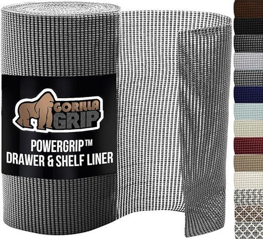 GORILLA GRIP powerGRIP Drawer Shelf and Cabinet Liner, Thick Strong Hold, Non-Adhesive Liners Protect Kitchen Cabinets and Cupboard, Bathroom Drawers, Easy Install, Breathable Mat, 24" x20', Gray