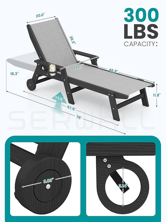 SERWALL Textilene Patio Chaise Lounge Chair Set of 2, 5 Positions Outdoor Lounger with Rolling Wheels for Pool, Deck, Black