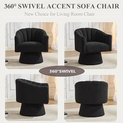 Swivel Accent Chair Set of 2, Upholstered Teddy 360° Swivel Barrel Chair for Living Room Overstuffed Bouncle Reading Chair Round Armchair for Bedroom,Vanity,Office-Black