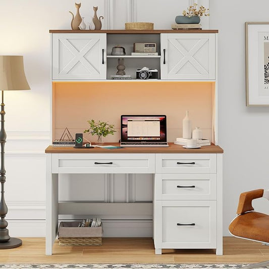 Farmhouse 67" H Executive Desk with Hutch,Office Desk with 4 Drawers and LED light, Wood Workstation for Home Office and Study, Computer Desk with Storage Cabinet & File Drawers and Charging Station