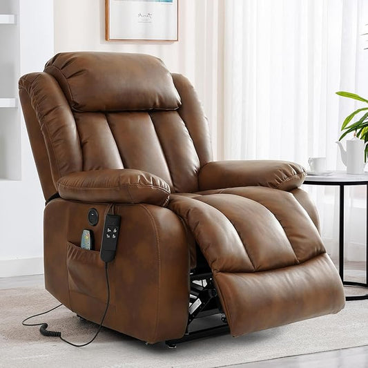 TEKAMON Power Lift Recliner Chair for Elderly with Heat & Massage, Dual Motor Breathable Leather Recliner, Lay Flat Sleeping Chairs with Infinite Position, RemoteControl & USB Ports(Ochre)