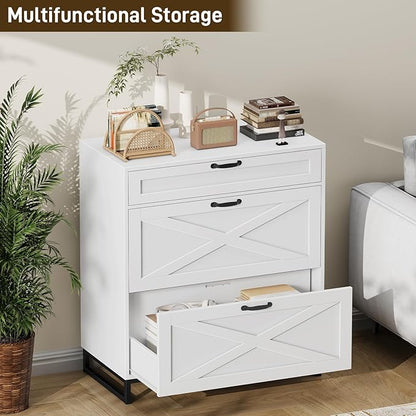 File Cabinet 3 Drawers Lateral File Cabinet for Letter/Legal/A4 Size Hanging Files, Large Wood File Storage Cabinets Printer Stand for Home Office, White and Black