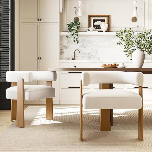 Upholstered White Velvet Dining Chairs Set of 2, Boho Modern Barrel Accent Armchairs, Thick Padded Seat & Natural Wooden Legs, Mid Century Inspired Kitchen/Dining Room Chairs, Creamy White