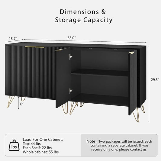 Fluted Storage Cabinet, Set of 2, Sideboard Buffet Cabinet, Modern Wood Accent Cabinet with Adjustable Shelves, Console Table for Living Room, Hallway, Entryway, Black