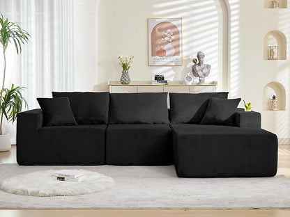 107" Cloud Sectional Couch, Modular Sectional Sofa with L-Shape Chaise, Corduroy Boneless Couch with Deep Seat, Upholstered Sofa for Living Room, No Assembly Required(Right-Facing Chaise, Black)