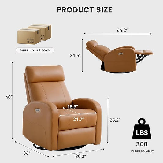 Power Recliner, Faux Leather Swivel Rocker Recliner Chair with USB Port, Electric Swivel Rocking Reclining Chair Glider Recliner for Adults Living Room, Brown