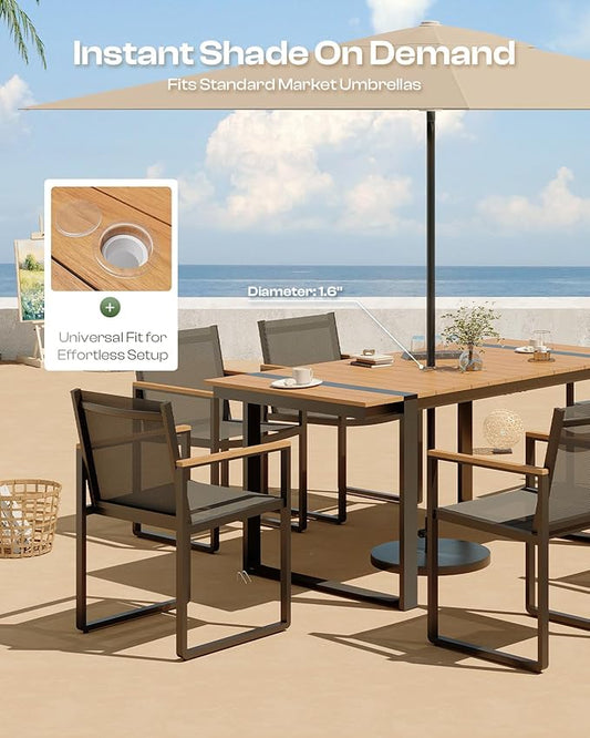 Outdoor Table and Chairs of 4, Patio Dining Sets, HDPS + Aluminum Outdoor Furniture Set with Umbrella Hole, Patio Dining Table Set (Gray-Teak)