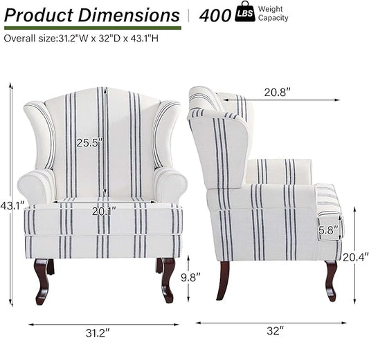 Accent Chair Set of 2, High Back Upholstered Armchair with High Resilience Sponge & Wood Legs, Mid-Century Modern Comfy Single Sofa Reading Chairs for Living Room, Bedroom-Stripe Navy