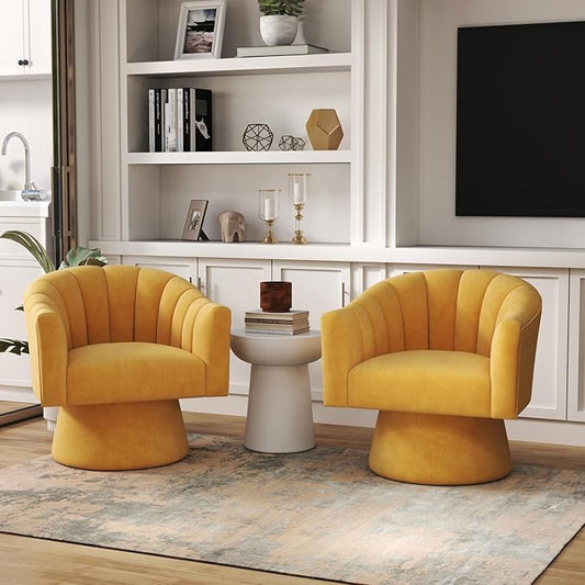 Swivel Accent Chair Set of 2, Upholstered Velvet 360° Swivel Barrel Chair for Living Room Overstuffed Bouncle Reading Chair Round Armchair for Bedroom,Vanity,Office (Mustard)