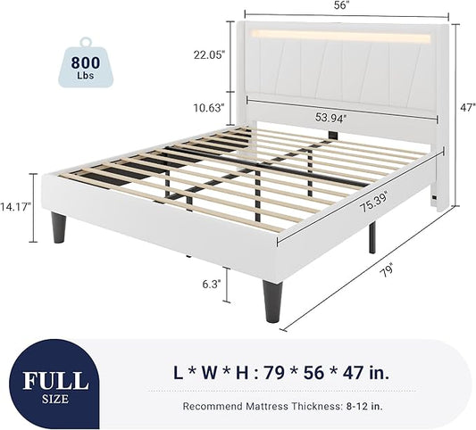Allewie Full Size LED Bed Frame with Charging Station, Velvet Upholstered Platform Bed with Geometric Wingback Headboard, Modern Frame with No Box Spring Needed, Easy Assembly, White