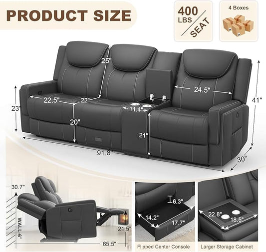 Recliner Sofa, 2 - Way Multi - Function Manual 3 Seater Couch with Cup Holders, Storage & USB Ports, Modern Multifunctional Sofa, Breathable Grey PU Leather Reclining Couch for Living Room