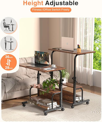 Portable Rolling Desk on Wheels Adjustable Height Desks for Small Spaces, 32" Computer Desk with Storage Shelves for Home Office Rustic