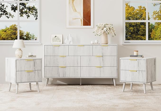 LYNSOM Fluted Dresser and Nightstand Set, 3 Pieces Bedroom Set, 55 Inch Wide 7-Drawer Dresser & 2-Drawer Nightstands Set of 2, Modern Dressers Set for Bedroom, Hallway, White