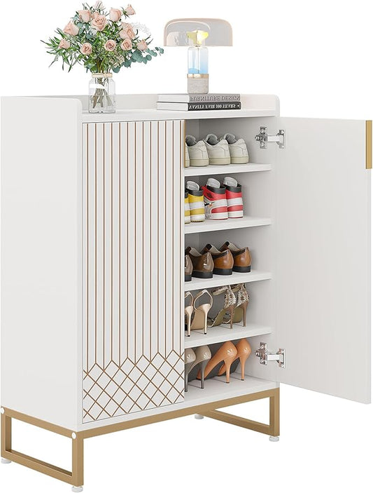 LITTLE TREE Modern White Shoe Cabinet with Doors for Up to 25 Pairs, 5-Tier Wood Shoes Rack Organizer for Entryway Bedroom Hallway Living Room