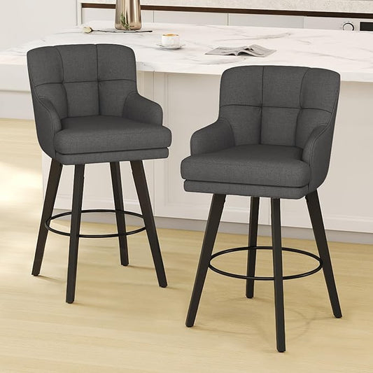 360°Swivel Counter Height Bar Stools with Back, 30 inch Solid Wood Legs, Bar Stool Modern Kitchen Island Chairs, Fabric (Black Grey- Fabric, 30" H- Set of 2)