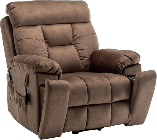 Oversized Lift Recliner Chairs for Elderly, 26in Extra Wide Power Chair with Massaga and Heating, Large Electric Lay Flat Recliners Sofa for Big and Tall Adult Lounging, Velvet Brown