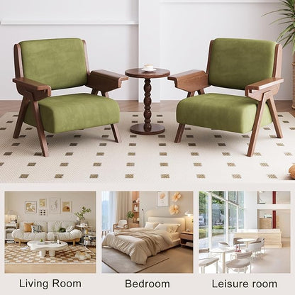 Mid Century Modern Accent Chair Set of 2, Fabric Upholstered Lounge Arm Chairs with Solid Wood Frame for Living Room, Bedroom, Office, Reading Corner (Green)