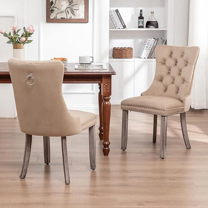 Velvet Dining Chairs Set of 2, Upholstered Dining Room Chairs with Nailhead Ring Pull Trim, Button Tufted Wing Back Chairs for Dining with Solid Wood Legs for Kitchen Dining Room(Khaki)