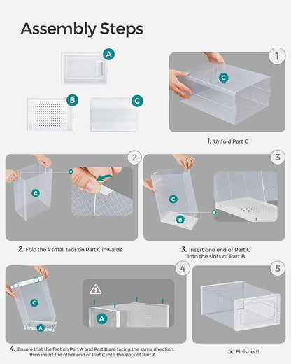 SONGMICS Shoe Boxes, Pack of 18 Shoe Storage Organizers, Stackable Clear Plastic Boxes for Closet, Sneakers, 13.7 x 9.9 x 7.4 Inches, Transparent and White ULSP18MWT