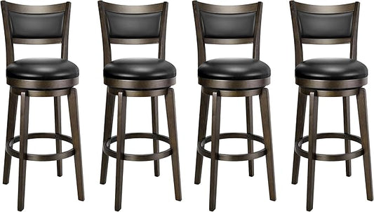 PrimeZone Swivel Bar Stools Set of 4, 30 Inch Bar Height Barstools, Black Faux Leather Bar Stool with High Backrest & Solid Wood Legs & Wrap-Around Footrest, Counter Stools for Kitchen Island, Pub