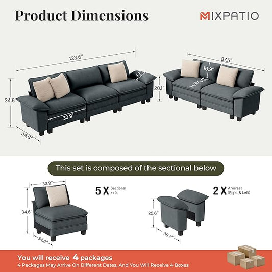 L-Shaped Cloud Modular Sofa Set with Chaise Lounge, 5-Piece Sectional & Deep Seat, Plush Chenille w/Removable Arms for Living Room - Cyan