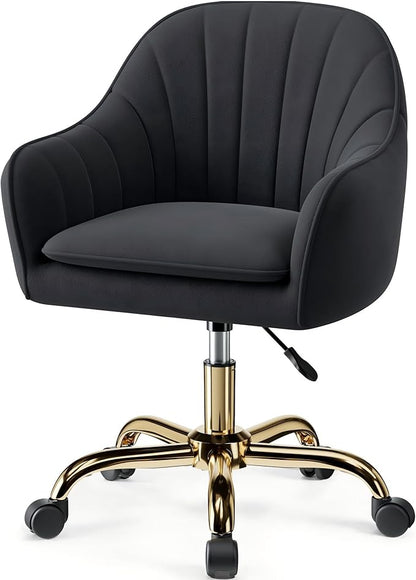 Comfy Home Office Desk Chairs Vanity Chair with Wheels Adjustable Modern Velvet Makeup Vanity Chairs for Bedroom Living Room（Black）