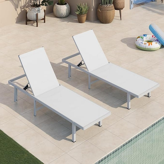 Pool Lounge Chairs Set of 2，Outdoor Lounge Chairs with Wheels and 5-Position Recliner -Easy to Move- Aluminum Patio Lounge Chair for Poolside, Deck (White)