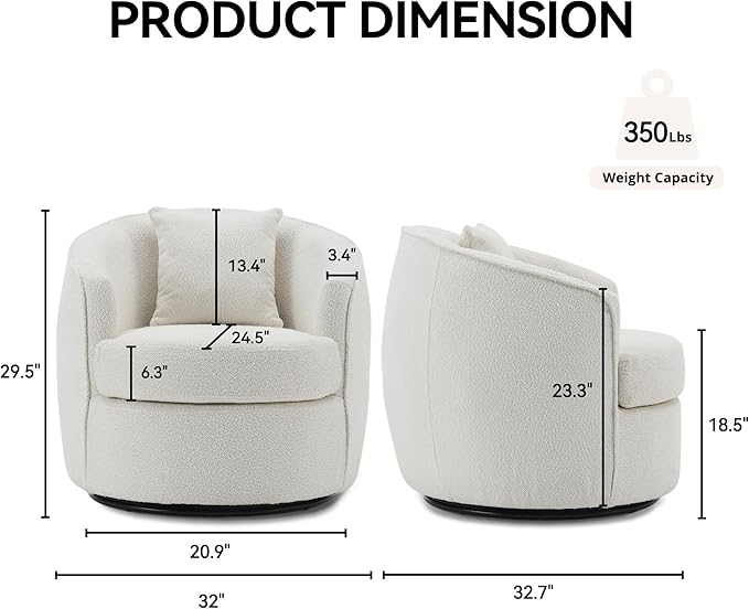 Swivel Accent Chair Set of 2, Modern Upholstered Boucle Barrel Arm Chairs with Pillow for Living Room, 360 Degree Round Swivel Sherpa Armchair with Round Base for Bedroom Club (2, Cream)