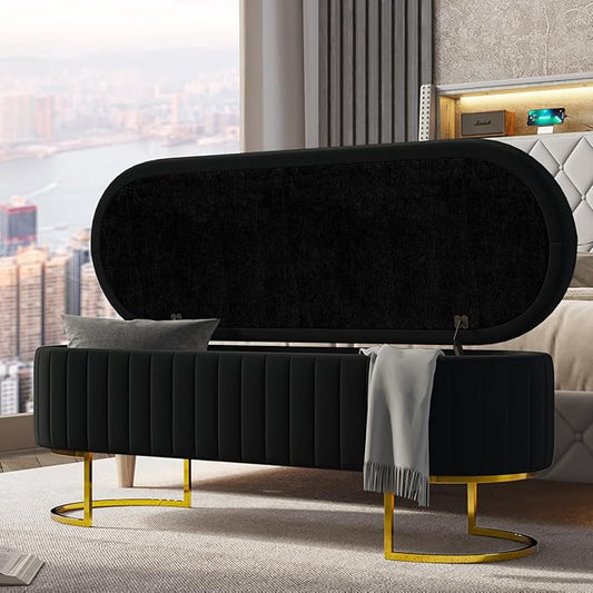 EcoHarbor Living 50.5" Storage Bench Velvet Bedroom Ottoman,Upholstered End of Bed Bench with Gold Legs,Flipping Lid Entryway Footrest