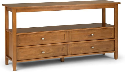 SIMPLIHOME Warm Shaker Wide Console Table - 60 Inch Wide Solid Wood Sofa Table in Light Golden Brown, Transitional Storage for Living Room with 4 Drawers, Open Shelf, and Brushed Nickel Knobs