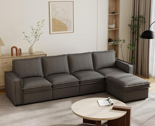 EALSON 119" Modular Sectional Sofa Comfy Cloud Couch with Ottoman Modern Convertible L Shape Couches with Wooden Legs Linen Deep Seat Couch 4-Seater Sofa with Ottoman for Living Room/Apartment, Grey