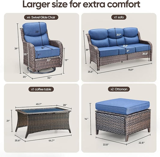 Swivel Patio Chairs sofa Set of 6 with 6" Thick Cushion - Wicker Outdoor Swivel Rocker Patio Chair ,Sofa/Glass coffee table, High Back Comfortable Outdoor Glider Chairs - Brown Wicker - Blue Cushions