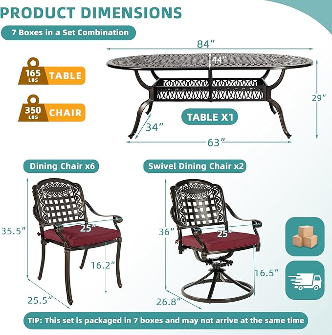 MEETWARM 9-Piece Outdoor Patio Dining Set, All-Weather Cast Aluminum Patio Conversation Set with 6 Stationary, 2 Swivel Rocker Chairs, 1 Oval Table, 8 Cushions, 2" Umbrella Hole, Chili Red