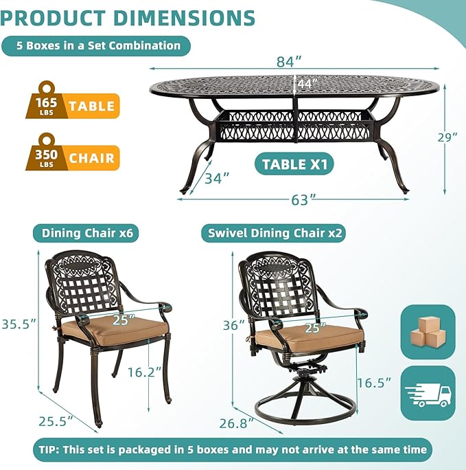 MEETWARM 9-Piece Outdoor Patio Dining Set for 8, All-Weather Cast Aluminum Patio Table and Chairs Set with 1 Oval Table, 6 Stackable Patio Chairs, 2 Swivel Rocker Chairs, 8 Cushions, 2" Umbrella Hole