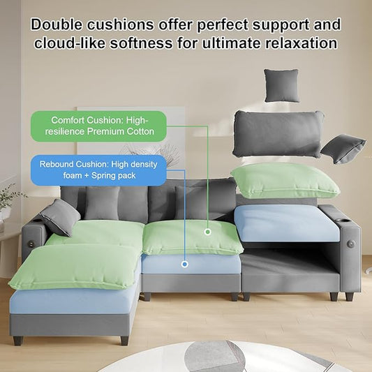 Cloud Couch, Modular Sectional Sofa with Ottoman, Charging Station, Throw Pillows, Cup Holders, Modern Convertible L Shaped Couches for Living Room, Bedroom (Grey, 116"- L Shape)