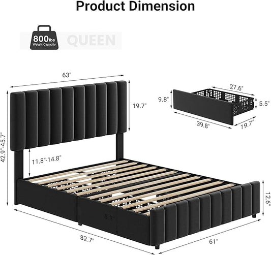 Garvee Queen Size Bed Frame with 4 Storage Drawers, Adjustable Height Headboard, Linen Upholstered Platform Bed Frame, No Box Spring Needed, Easy Assembly, Black