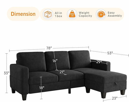 Sectional Sofa and Couches for Living Room, 78'' Black 3 Seat L-Shaped Couch with Movable Ottoman, Comfy Velvet Convertible Sectionals Sofas with Chaise for Apartment, Office, Small Space
