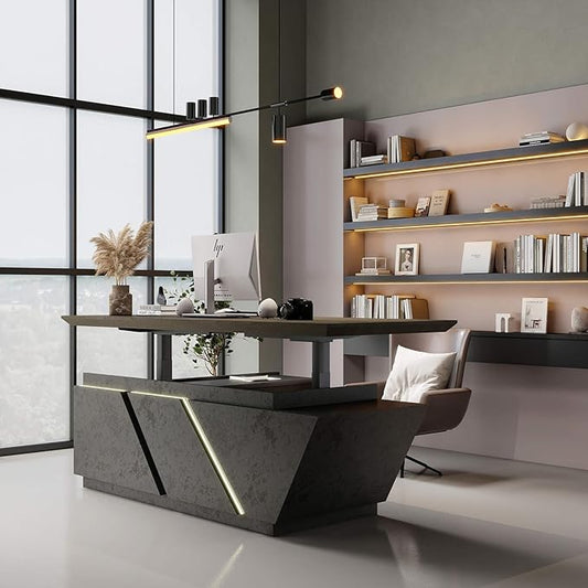 Adjustable Height L-Shaped Executive Desk with LED Light Strip - Black Inverted Trapezoid Design, Includes Storage Cabinet with Drawers & Doors, Ergonomic Standing Office Desk for Home & Office 78.7"