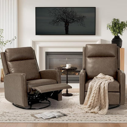 COLAMY Recliner Chair Set of 2, PU Leather 360° Swivel Rocker Recliner, Nursery Glider Recliner with Ergonomic High Backrest and Upholstered Deep Seat for Living Room, Bedroom, Color Gray