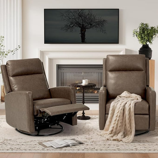 COLAMY Recliner Chair Set of 2, PU Leather 360° Swivel Rocker Recliner, Nursery Glider Recliner with Ergonomic High Backrest and Upholstered Deep Seat for Living Room, Bedroom, Color Gray