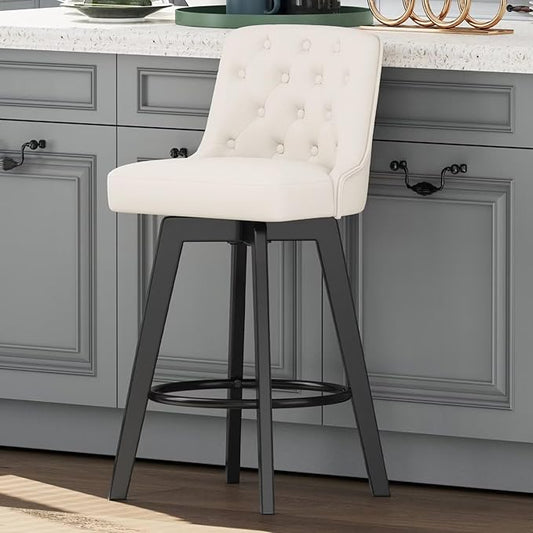 MINCETA Bar Stool, PU Leather Barstool, 30 Inch Upholstered Counter Stool with Low Tufted Back and Footrest, Swivel Counter Height Barstool for Kitchen Island Home Bar White