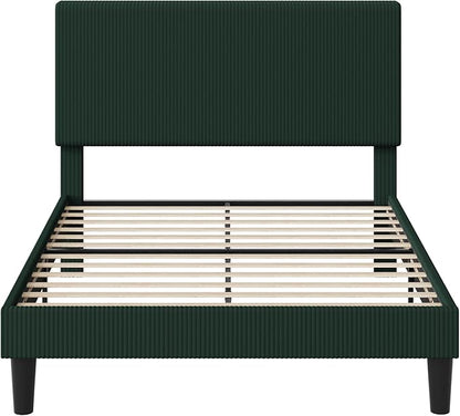 Allewie Queen Size Upholstered Bed Frame with Vertical Channel Tufted Headboard, Soft Corduroy Fabric Platform Bed, Strong Wooden Slats Support, Easy Assembly, No Box Spring Needed, Dark Green