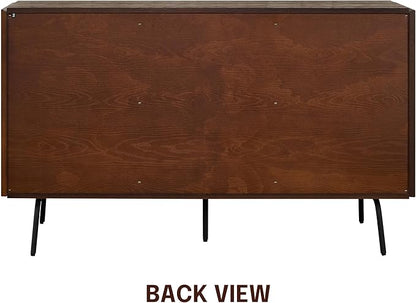 NTC MOSSIC Sideboard with 2 Doors and 3 Drawers, Buffet Cabinet with Natural Rattan and Metal Legs, Modern Storage Cabinet for Living Room, and Hallway, Effortless Assembly - Dark Walnut