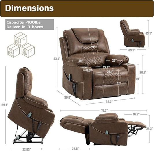 Dual Motor Power Lift Recliner Chair Sofa with Massage and Heating for Big Elderly Adults People, Lay Flat Lift Chair, Infinite Position, 2 Cup Holders, 2 Side Pockets, Lumbar Pillow