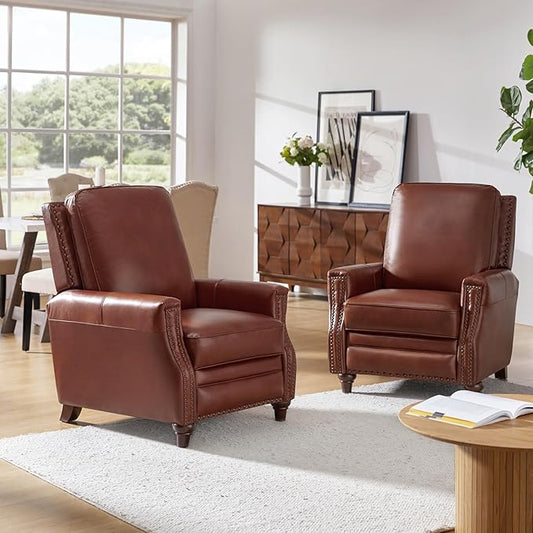 HULALA HOME Genuine Leather Recliner Chair Set of 2, Push Back Recliner Armchair with Thick Seat and Backrest(Brown)