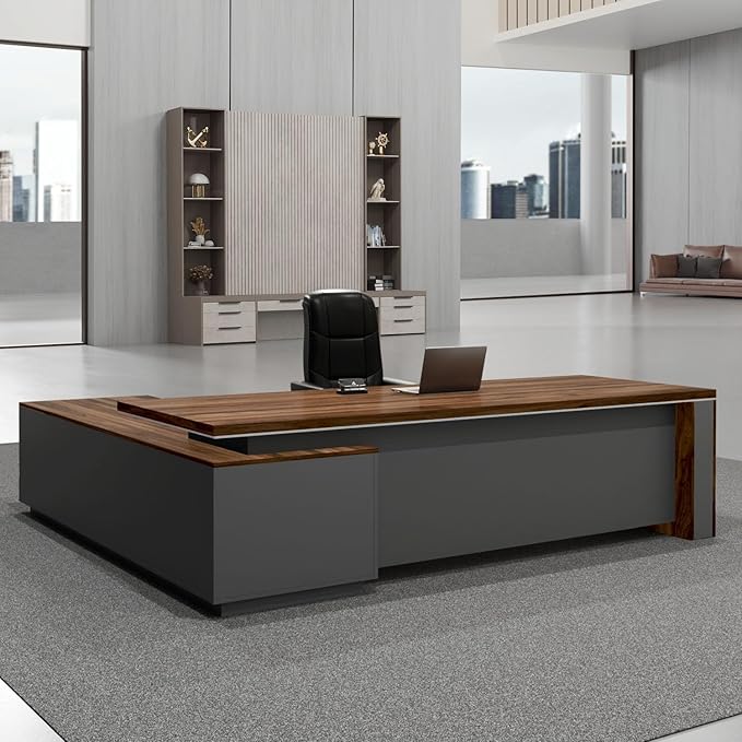 OfficeSimpli Modern L Shaped Executive Desk, 84x72x30 Inch - Made in USA – Ships Mostly Assembled – Home Office Workstation & Business Furniture, CEO Desk Table with Cabinets & Lockable Drawers