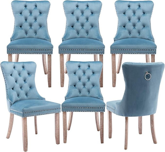 Velvet Upholstered Dining Chairs Set of 6, Modern Style Kitchen Side Chairs with Nailhead Trim and Wood Legs,Metal Pulling Ring for Dining Room Living Room(Sky Blue,Set of 6)