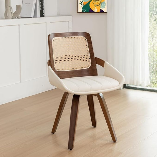 Set of 1 Swivel Rattan Dining Chair - Mid Century Modern Dining Chair with Bentwood Frame, Ergonomic Cane Back, Curved Arms, Faux Leather Swivel Chair for Kitchen/Restaurant (Walnut Beige, Set of 1)